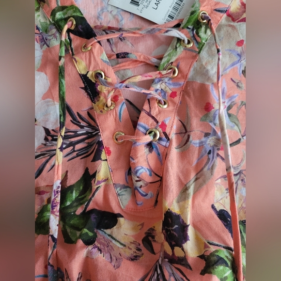 INC Smocked 100% Cotton Blossom Floral Ruffled Peach Blouse Size Large - Picture 4 of 13